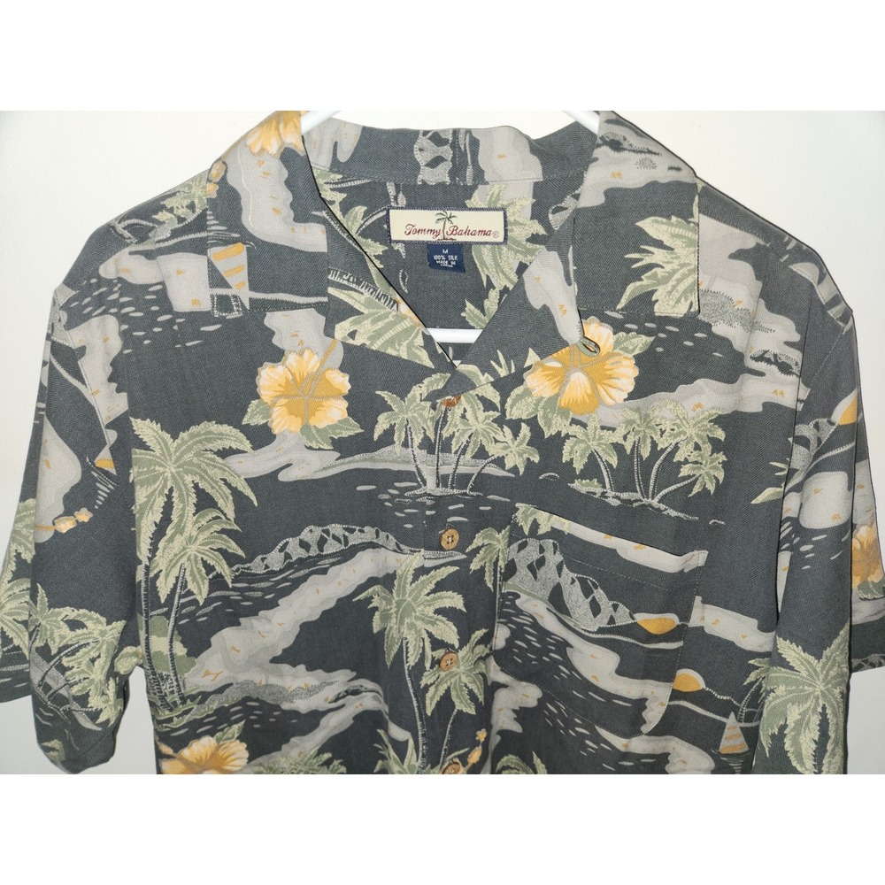 Tommy Bahama Men's 100% Silk Shirt Medium Grey Yellow Tropical - Picture 2 of 9